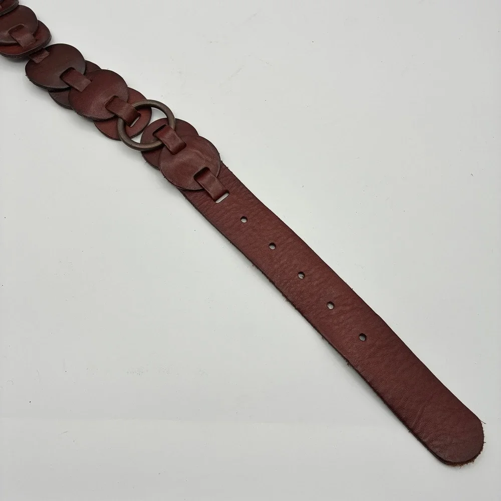 Fossil Brown Leather Belt Womens S Linked Disc Antique Brass Boho Festival
